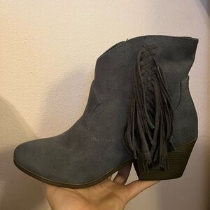 Gray Suede Ankle Booties with Fringe